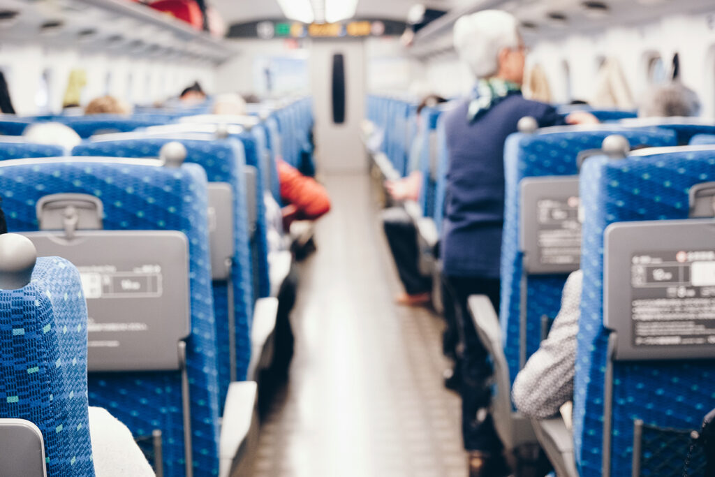 Interior of Japanese express bullet train Shinkansen, Hikari in Tokyo Japan